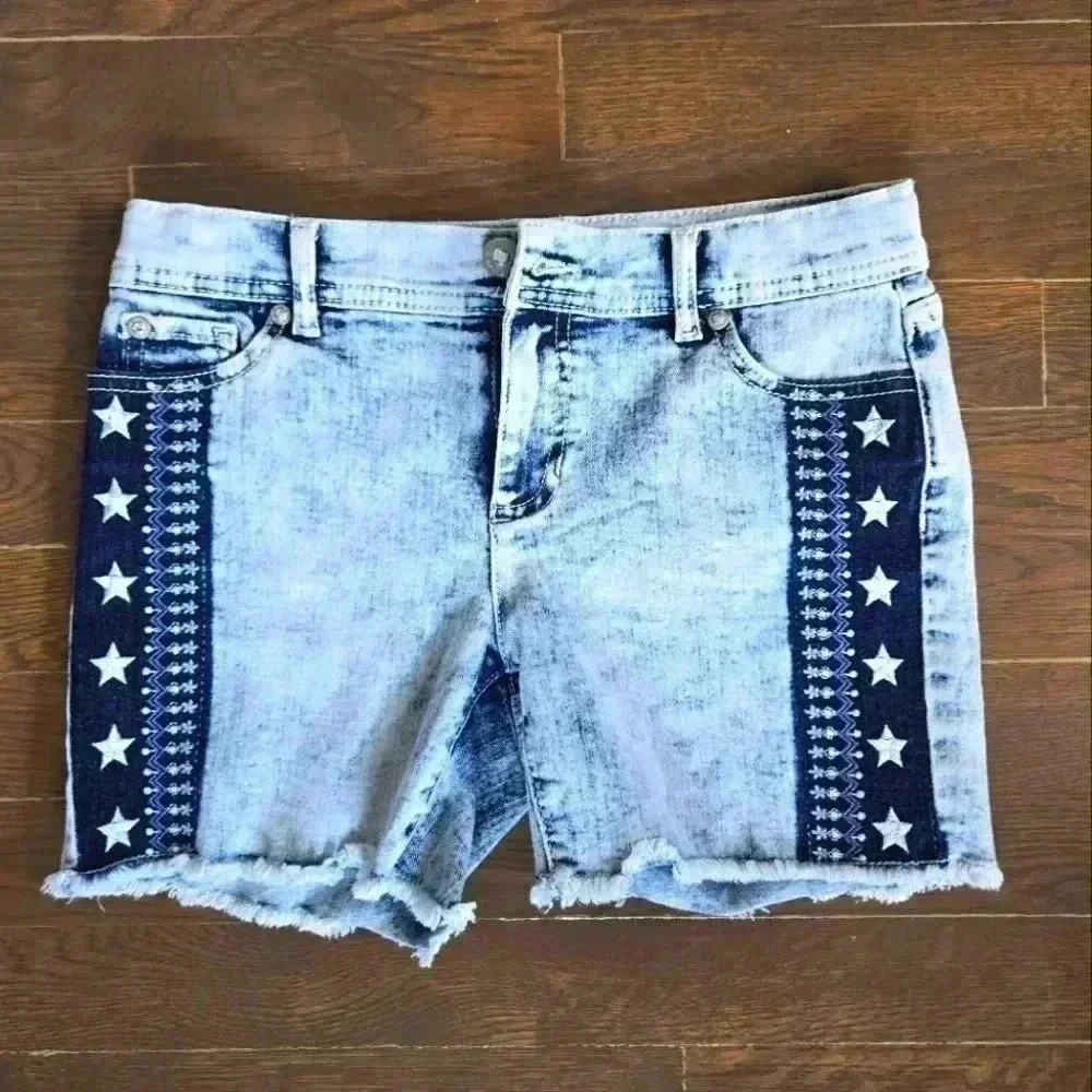 Jordache Girls Embroidered Stars Blue Denim Jean Shorts Size 12 Raw Hem